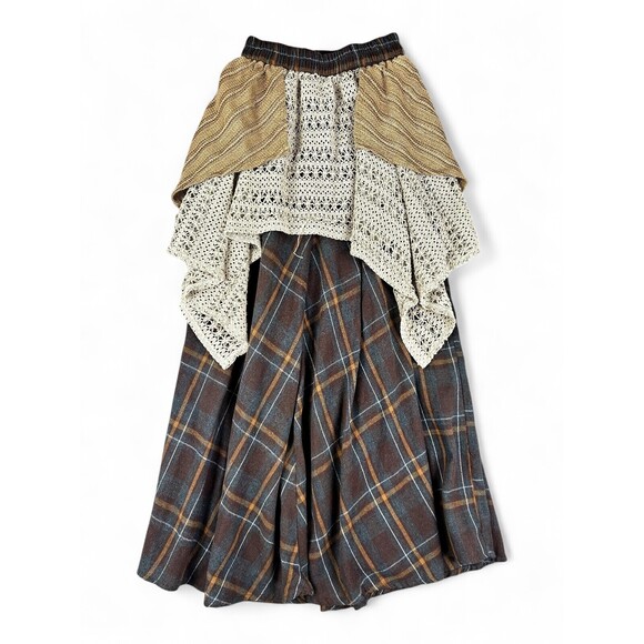 Sinbounboun Dresses & Skirts - Bohemian Maxi Skirt with Crochet Overlay - Brown Plaid